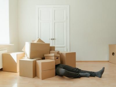 person in black leather boots lying on brown cardboard boxes
