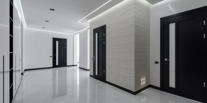stylish white hall in big apartment building