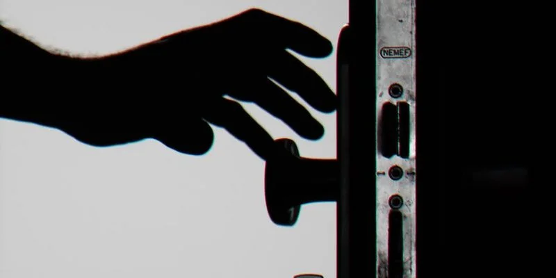 silhouette photo of person holding door knob