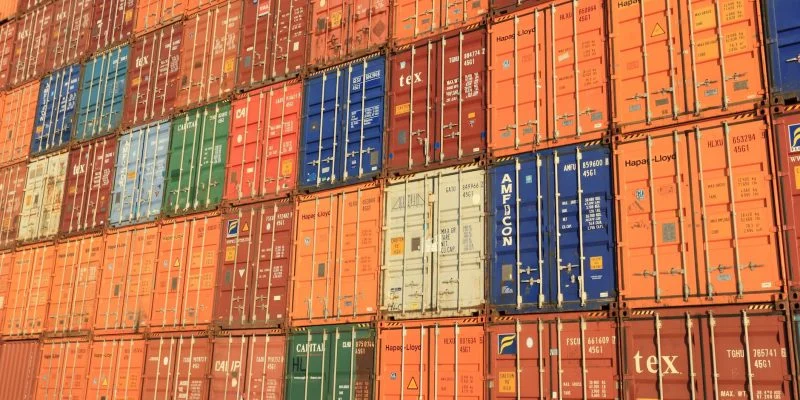 blue white orange and brown container van
